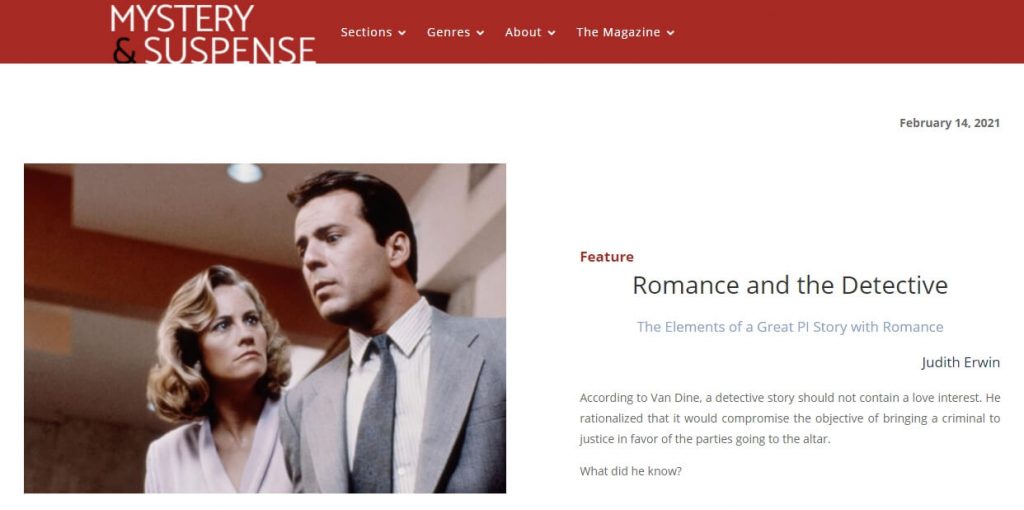A screenshot of author Judith Erwin's guest article, Romance and the Detective, from Mystery & Suspense Magazine