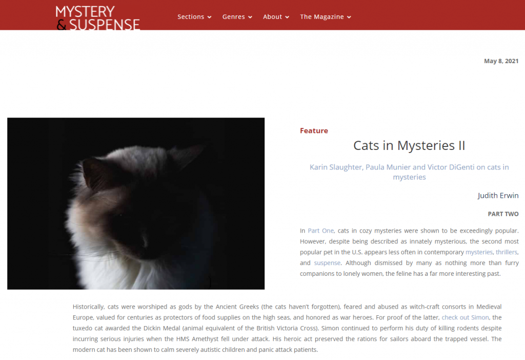 An excerpt of the article "Cats in Mysteries Part II, by mystery and suspense author Judith Erwin.